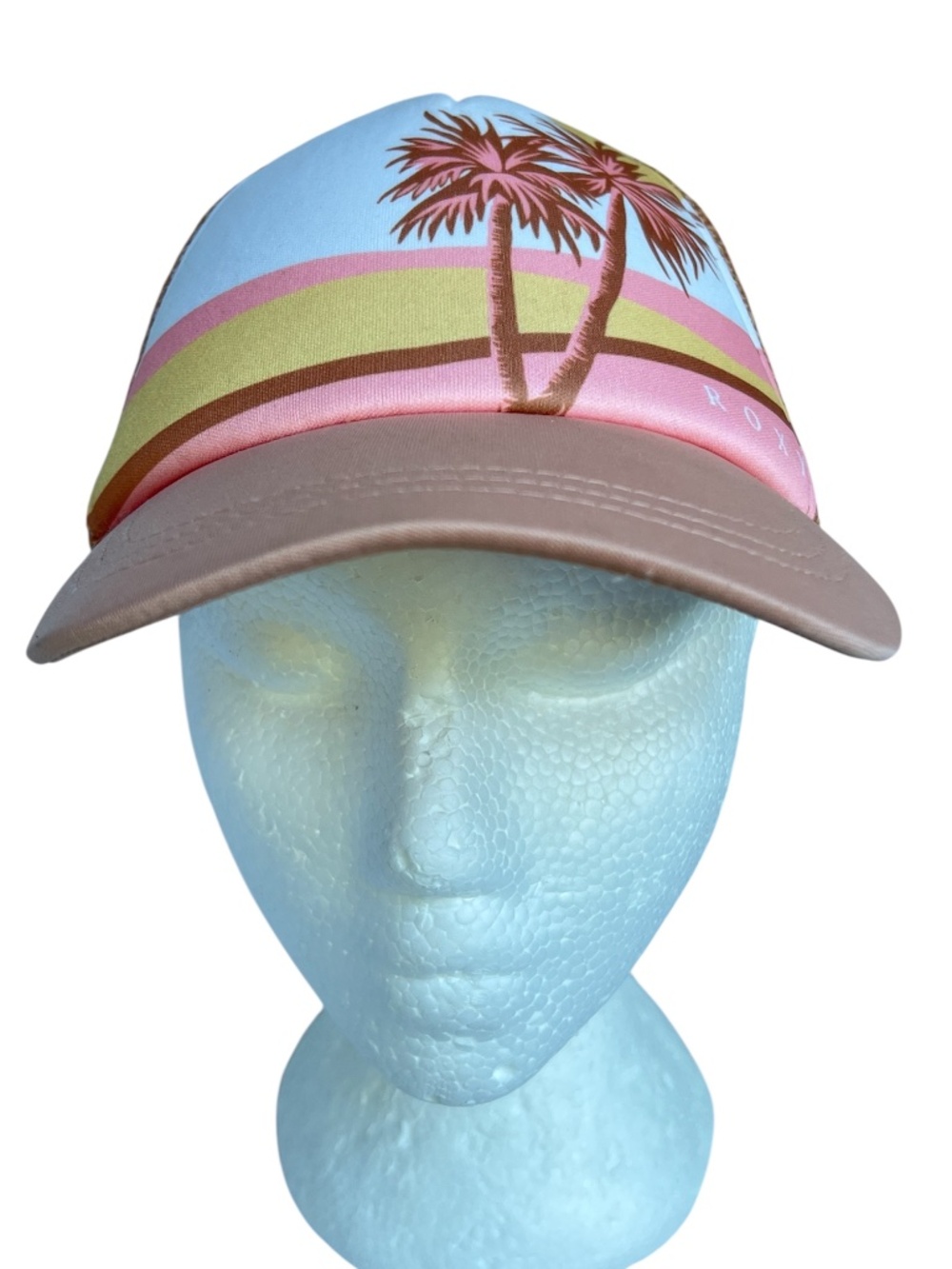 Roxy Trucker Hat Pink Floral Tropical Palms Tan Dusty Rose Snap Back One Size